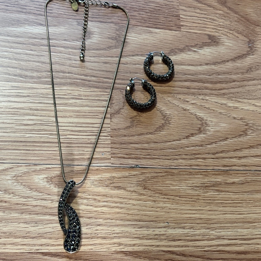 LIA SOPHIA VINTAGE 90s BRONZE SHIMMER BROWN PAVE RHINESTONE PENDANT EARRING SET